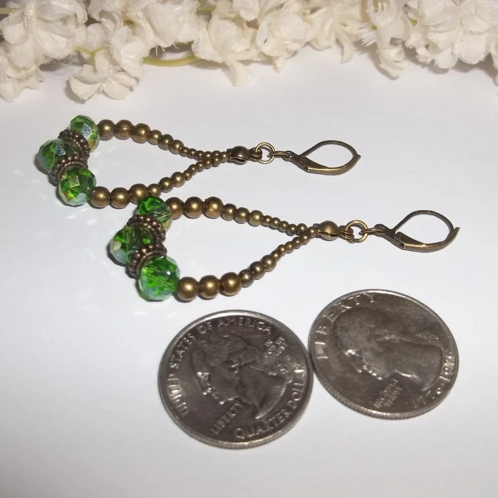 Faux Emerald Green and Bronze Hoop Earrings Boho Style Jewelry Gift Idea 7040 - Picture 5 of 6